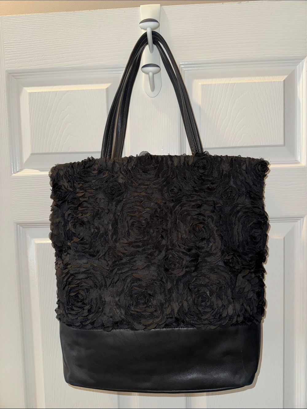 DKNY Black Floral Texture leather shoulder Tote Bag